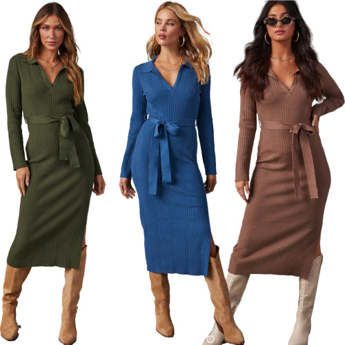 Long skirt elastic knitted hollow dress