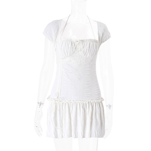 Low cut square neck halter tied short sleeved pleated dress