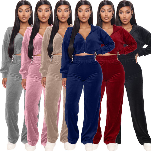 Korean velvet zipper jacket straight leg pants set
