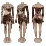 One shoulder hollowed out leopard print long sleeved dress with exposed shoulder