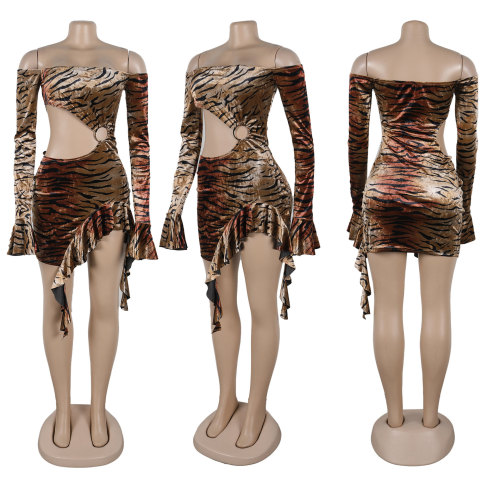 One shoulder hollowed out leopard print long sleeved dress with exposed shoulder