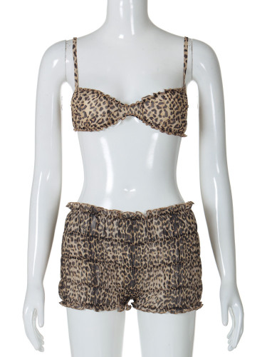 Leopard lace neck top, cake skirt, shorts set
