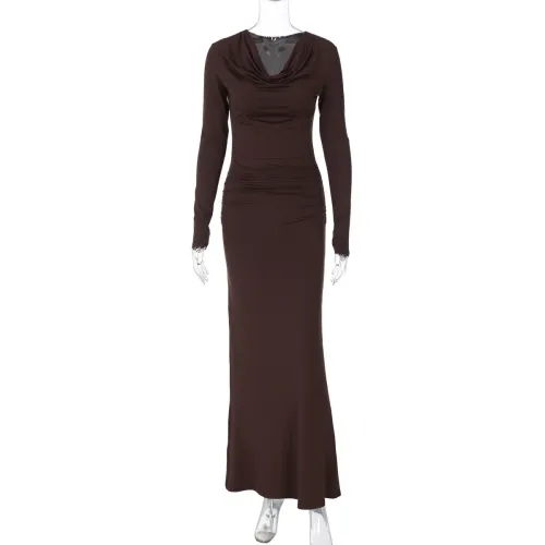 Swing collar long sleeved pleated hip hugging dress