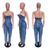 Spliced strapless high stretch waist cinched denim jumpsuit