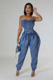 Spliced strapless high stretch waist cinched denim jumpsuit