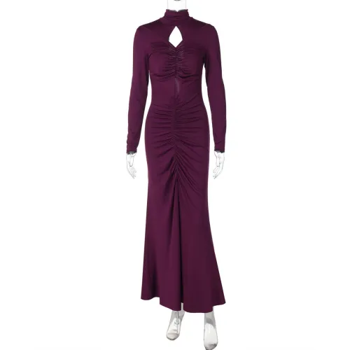 High neck hollow pleated long sleeved dress