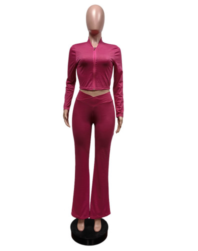 Long sleeved small flared solid color high elasticity two-piece set