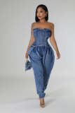 Spliced strapless high stretch waist cinched denim jumpsuit