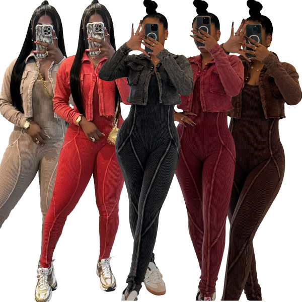 Two piece set of acid washed and color stir fried used jumpsuit