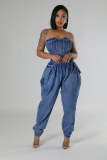 Spliced strapless high stretch waist cinched denim jumpsuit