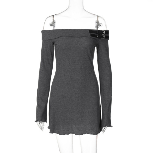 Solid color one shoulder long sleeved off shoulder high waisted hip hugging dress