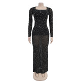 Women's rhinestone long sleeved one neck dress