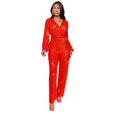 Long sleeved belt sequined jumpsuit