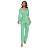 Long sleeved belt sequined jumpsuit