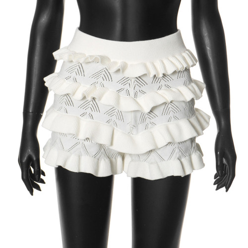 Solid color high waisted woolen multi-layer lotus leaf lace shorts