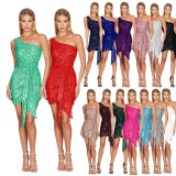 Single shoulder sequined sleeveless hip hugging dress