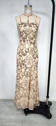 One collar sequin slit banquet dress dress