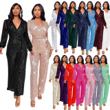 Long sleeved belt sequined jumpsuit