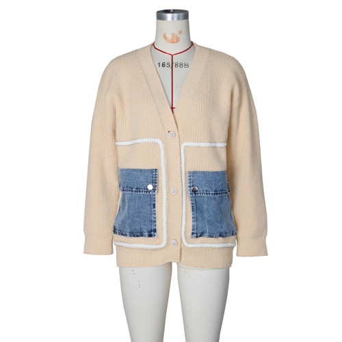 Loose sweater patchwork single breasted denim pocket cardigan sweater