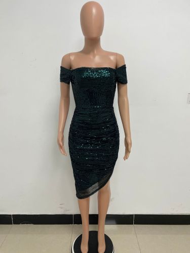 Sequined one shoulder pleated dress