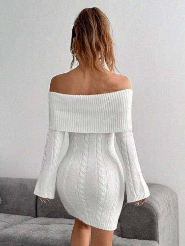 Off shoulder one shoulder long sleeved knitted dress short skirt