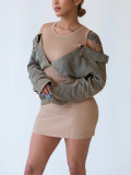 Woven cotton detachable denim patchwork hip hugging dress