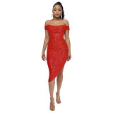 Sequined one shoulder pleated dress