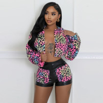 Two piece set with thickened fur and exposed navel hollow short outfit
