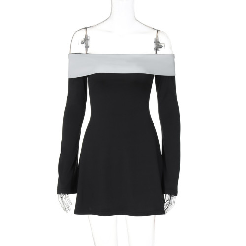 Color blocking layered chest wrapped long sleeved dress