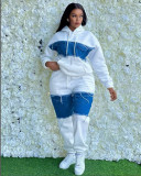 Irregular contrasting splicing denim hoodie hooded set