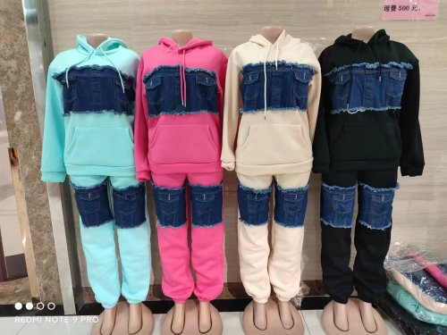 Irregular contrasting splicing denim hoodie hooded set