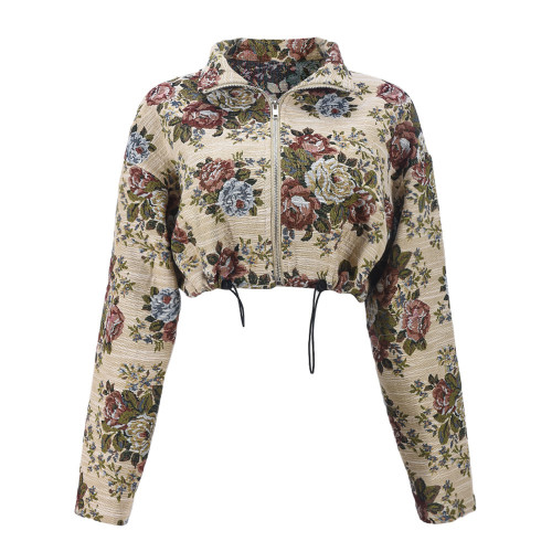 Umbilical drawstring jacquard long sleeved jacket