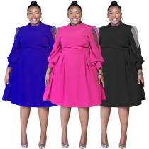 Polka dot mesh see through lantern sleeves waist cinched plus size dress Polka dot mesh see through lantern sleeves waist cinched plus size dress