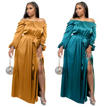 Chest hugging one shoulder lace up lantern sleeve dress with large swing Chest hugging one shoulder lace up lantern sleeve dress with large swing