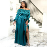 Chest hugging one shoulder lace up lantern sleeve dress with large swing