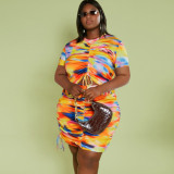 Short sleeved bag skirt two-piece irregular elastic printed pleated skirt set