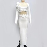 White long sleeved floral bandage top long skirt two-piece set
