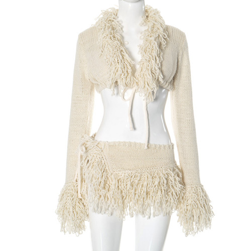 Knitted lace up cardigan long sleeved top short skirt set