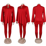 V-neck lantern sleeve hem slit shirt long pants two-piece set