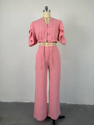 V-neck flared sleeve lace up top, wide leg pants set