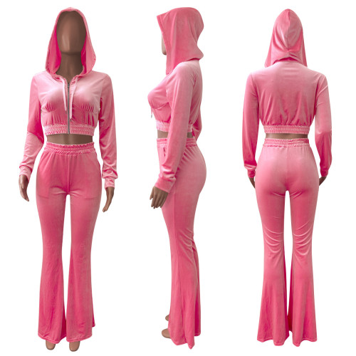 Korean Velvet Hooded Wide Leg Pants Sport Set