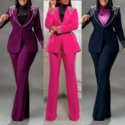 Pearl long sleeved elastic suit two-piece set