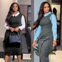 Splicing and contrasting fake two piece ribbon split dress Splicing and contrasting fake two piece ribbon split dress