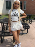 Letter printed round neck elastic short sleeved T-shirt with exposed navel