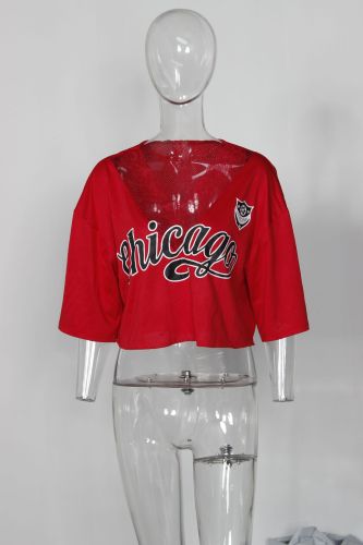 Letter printed loose V-neck lace patchwork short sleeved T-shirt