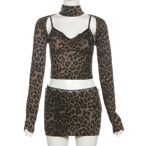 Leopard print top with hip and lace patchwork skirt set