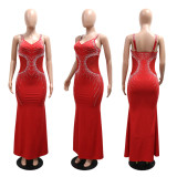 V-neck long dress with suspender straps and rhinestone wrapped buttocks dress