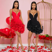 Strap Solid Color Lotus Leaf Lace Irregular Dress Short Skirt