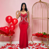 V-neck long dress with suspender straps and rhinestone wrapped buttocks dress