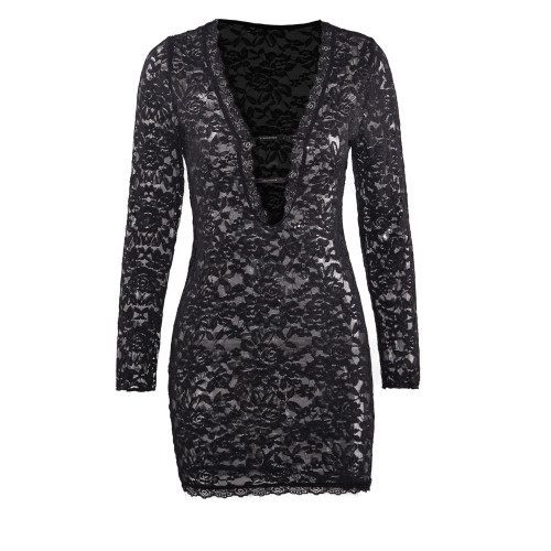 Solid color lace jumpsuit with low neckline and hollowed out long sleeved dress